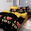 Lenjerie de pat dublu cu model I love you cu inimi rosii pe fundal negru si galben, set 4 piese
