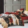 Lenjerie de pat cu model geometric de cercuri în nuanțe roșu, negru, bej și maro, oferta lenjerii de pat 1+1 gratis.