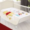 ătură Disney pentru bebeluși cu Winnie the Pooh, în culori alb, galben și roșu, dimensiune 100x200 cm, cu desene animate detaliate și text Too Cute to Bear.