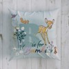 Pernuță decorativă Disney pentru copii cu Bambi, în culori verde, bej și mov, dimensiune 40x40 cm, cu desene animate detaliate și text B is for Bambi.