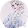 Pernuță decorativă rotundă Disney pentru copii cu Elsa din filmul Frozen, în culori albastru deschis, alb și roz, diametru 40 cm, cu desene animate detaliate.