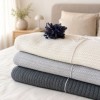 Pled tricotat din bumbac 100% crem 220x240 cm cu model spic