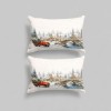 Set 2 fete de perna Craciun Home for Christmas 50x70 cm cu sat inzapezit, pod de piatra, brazi si camioneta rosie
