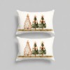 Set 2 fete de perna Craciun Leo 50x70 cm cu trei brazi verzi si bej, fundite champagne si stelute aurii
