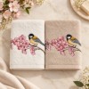 Set 2 prosoape Arliva Home 50x90 cm, ecru si bej, cu broderie pasarele galbene si flori de cires roz