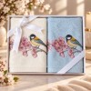 Set 2 prosoape Arliva Home 50x90 cm, ecru si bleu, cu broderie pasarele galbene si flori de cires roz