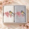 Set 2 prosoape Arliva Home 50x90 cm, ecru si gri, cu broderie pasarele galbene si flori de cires roz