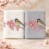 Set 2 prosoape Arliva Home 50x90 cm, ecru si gri, cu broderie pasarele galbene si flori de cires roz