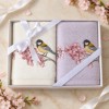 Set 2 prosoape Arliva Home 50x90 cm, ecru si lila, cu broderie pasarele galbene si flori de cires roz
