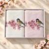 Set 2 prosoape Arliva Home 50x90 cm, ecru si roz pastel, cu broderie pasarele galbene si flori de cires roz