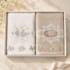 Set 2 prosoape Arliva Home 50x90 cm, ecru si bej, cu broderii florale lila si roz-somon si dantela decorativa