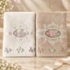 Set 2 prosoape Arliva Home 50x90 cm, ecru si bej, cu broderii florale lila si roz-somon si dantela decorativa
