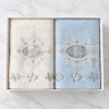Set 2 prosoape Arliva Home 50x90 cm, ecru si bleu, cu broderii florale cu trandafiri albastri si dantela decorativa