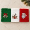 Set 3 prosoape Acasa de Craciun, alb, rosu si verde, cu broderii casuta inzapezita, Mos Craciun si clopotei, in cutie cadou