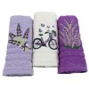 Set 3 prosoape bucatarie bumbac 100% cu broderie lavanda si bicicleta, culori mov si alb