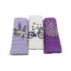 Set 3 prosoape bucatarie bumbac 100% cu broderie lavanda si bicicleta, culori mov si alb
