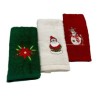 set 3 prosoape bucatarie Craciun bumbac 100% cu broderii floare Mos Craciun si om de zapada