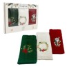 set 3 prosoape bucatarie Craciun bumbac 100% cu broderii vasc coronita si Mos Craciun