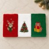 Set 3 prosoape Bucuria Craciunului, alb, rosu si verde, cu broderii brad, ren cu fular si cadouri, in cutie festiva