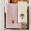 Set 6 prosoape bucatarie cu broderie cu inghetata pe fundal roz si crem, 40x60cm, Eponje Home