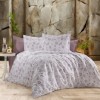 set cearceafuri din bumbac satinat cu design papadie lila, 2 cearceafuri pat 220x240 cm si 2 fete perna 52x72 cm