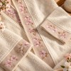 Halat de baie ecru marimea S si prosop 50x90 cm, bumbac 100%, broderie flori de cires roz, Arliva Home