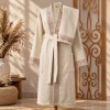 Halat de baie ecru marimea S si prosop 50x90 cm, bumbac 100%, broderie flori de cires roz, Arliva Home