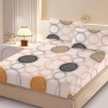 Set husa pat finet 160x200 cm cu elastic cu cercuri bej, gri si galbee si 2 fete de perna asortate, fabricat in Romania