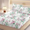 Set husa pat finet 160x200 cm cu elastic flori roz/bleu si 2 fete de perna asortate, fabricat in Romania
