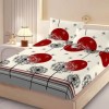 Set husa pat finet 160x200 cm cu elastic cu papadii si cercuri rosii si 2 fete de perna asortate, fabricat in Romania