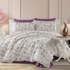 Lenjerie pat dublu Flori mov din bumbac 100% ranforce, 4 piese, model floral mov lila si gri pe fundal alb