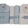 Set matrimonial 100% bumbac, 2 halate baie +4 prosoape, Crem/Verde Menta