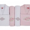 Set matrimonial 2 halate baie +4 prosoape, Alb/Roz