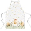 Sort de bucătărie Londy din bumbac 100% cu iepurași adorabili purtând un ou de Paște, decorat cu flori și puișori aurii pe fundal alb.