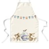 Sort de bucătărie Feta din bumbac 100% cu iepurași, puișori și coș festiv cu flori și ouă de Paște, decorat cu o ghirlandă colorată.