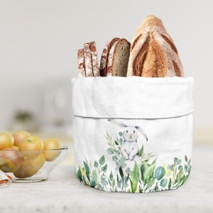 Coș de pâine din bumbac 16x21 cm, model Gizmo, cu imprimeu de iepuraș și frunziș verde, ideal pentru decorul mesei de Paște.
