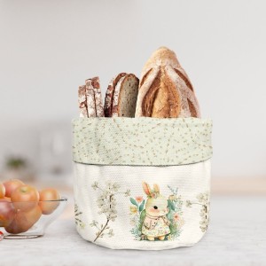 Coș de pâine din bumbac 16x21 cm, model YoYo, cu imprimeu de iepuraș și flori pastelate, ideal pentru decorul mesei de Paște.