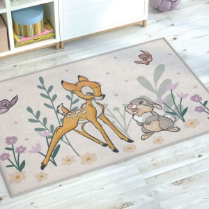 Covor Disney pentru copii cu Bambi și Thumper, în culori bej, verde și mov, dimensiune 80x120 cm, cu desene animate detaliate și motive florale.