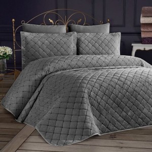 Cuvertura pat catifea gri inchis Dessert 260x250 cm cu model geometric