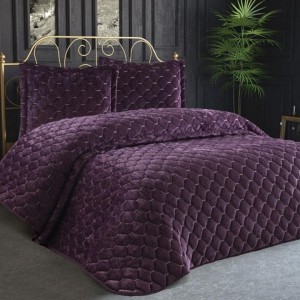 Cuvertura catifea 250x260 cm cu 2 fete de perna, Lima Mov (Damson)