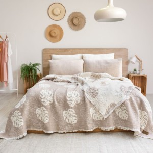 Cuvertura muselina Saheser Home Forest Bej cu frunze