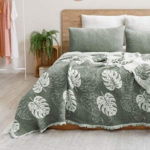 Cuvertura muselina Saheser Home Forest Verde cu frunze