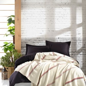 Cuvertura subtire 1 persoana, 180 x 220 cm, Eponj Home, Cizgili Crem
