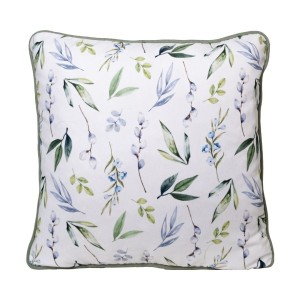 Față de pernă cu model botanic de frunze și flori în nuanțe de verde și albastru, finisaj elegant, potrivită pentru decor modern