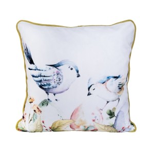 Pernă decorativă cu pasăre pe fond floral și ramă aurie, design primăvaratic, 45x45cm, material moale și confortabil