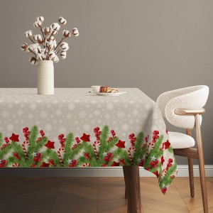 Față de masă Crăciun Wells, bumbac 100%, 140x220cm, cu crenguțe de brad, fructe roșii și stele