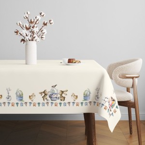 Față de masă Paște bumbac 100%, 140x220 cm, model cu iepurași, ouă și puișori – Club Cotton Feta
