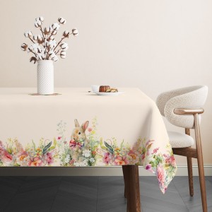 Fata de masa Paste 140x220cm, bumbac 100%, cu iepuraș și flori pastelate, model Vinca