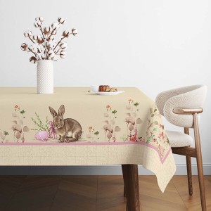Fata de masa Paste 140x320cm, bumbac 100%, cu iepurași și accente florale, model Maddi