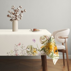 Față de masă Paște bumbac 100%, 140x320 cm, model cu iepurași și floarea-soarelui – Club Cotton Mochi